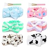 Bowknot Haarband für Make up - 6 Stück Kosmetische Stirnbänder Korallen Samt Elastisches Haarband mit 2 Stück Silikon Maskenpinsel Beauty Gesichtspflege Make-up für D