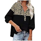 Knopfleiste Kapuzenpullover Damen Baggy Overseize Leopard Patchwork Hoodie Swetshirt V-Ausschnitt Tunika Tops Lose Casual Langarm Button Up Shirts Hoody Pulllover Colorblock Streetwear Lang