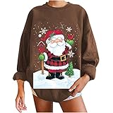 Pullover Damen Teenager Mädchen Weihnachtspulli Nette Santa Christmasmuster Bluse Tops Weihnachtspullover Baumwolle Weihnachtsmann Druck Langarm Christmas Sweatshirt Xmas Pulli Shirt Tunika Top