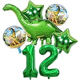 DIWULI, großes Dinosaurier Luftballon Set, 1x gigantischer Dino-Ballon + XL Zahl 12 Zahlen-Ballon grün + 2x Stern-Ballon + 2x Folien-Ballon 12. Kinder-Geburtstag Junge, Motto-Party, Dekoration, Dek