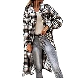 Gitter Mantel Damen Windjacke mit modischem Karo Druck Knielanger Langer Trenchcoat Revers Langarm Übergangsjacke Einreihige Cardigan Bluse Übergangsmantel Winterjacken Herbst Streetwear W