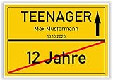 Von 12 Jahre zum Teenager - Ortsschild - Bild - persönliches Geschenk zum 13 Geburtstag mit Name und Datum - personalisierte Geschenkidee Hinweisschild Party Deko Karte Junge M