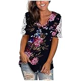 Fauean Damen Oberteile T-Shirt Kurzarm/Langarm Casual Basic Shirt Locker Tops Sommer Blumen Tiermotiv Tops Bunte 3D-gedruckte Pullover V-Ausschnitt Tunika Vintage T-Shirt B