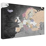 LANA KK - Europakarte Leinwandbild mit Korkrückwand zum pinnen der Reiseziele – Europakarte Schiefergrau - deutsch - Kunstdruck-Pinnwand Globus, Luxus - 4cm, in 150 x 100