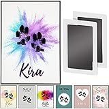 NEUERSCHEINUNG Pfotenabdruck-Set inkl. Kunstdruck-Poster | individuell personalisiert | Hund und Katze | Tintenfreie Pfoten | Geschenk Haustier Besitzer (DIN A5, PurpleSplash)