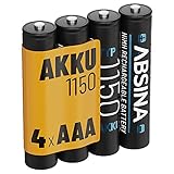 ABSINA Akku AAA Micro 1150 4er Pack - NiMH Wiederaufladbare AAA Batterien mit min. 1050 mAh & 1,2V - Akkus AAA für Geräte mit hohem Stromverbrauch - AAA Batterie ideal für DECT T