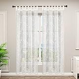 WOLTU VH6059be-2, 2er Set Gardinen transparent Blumen Stickerei mit Schlaufen Leinen Optik, Doppelpack Vorhang Stores Voile Fensterschal Dekoschal für Wohnzimmer Schlafzimmer, 140x225 cm, Beig