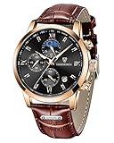 LIGE Herren Uhren Mode Elegant Braun Leder Analog Quarz Männer Armbanduhr Wasserdicht Luxus Mann Chronograph Schwarz Runden Kalender Zifferblatt Geschäft Beiläufig H