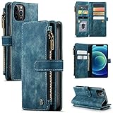 Zttopo Kompatibel mit iPhone 12/12 Pro, 2-in-1 Premium-Leder-Reißverschluss mit kabellosem Laden und Ständer, 7 Kartenfächer, Geldfach mit Display