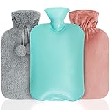 Wärmflasche, 2L Wärmflasche mit Bezug und 2 Soft Plüschbezug, Sicher und Langlebig xxl Wärmflasche Groß für Kinder & Erwachsene, Wärmflaschen für Lindert Schmerz, Bauchschmerzen, Krämpfe (Grau, Rosa)