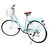 MuGuang 28 Zoll Vintage Citybike Hollandrad Damenfahrrad Stahl Gestell Tiefeinsteiger 28 Zoll Alu Räder mit Rücktrittbremse, 7 Gang ohne Schaltwerk, Korb Inklusiv!（Blau）