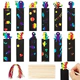 48 Stk Kratzbilder Set Regenbogen Tiere Lesezeichen Kratzpapier mit Holzstäbchen und Bunte Bänder Bastelset Kratzbild zum Zeichnen für Partydeko DIY Handwerk Lesezeichen Anhänger Jungen Mädchen usw