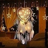 RAILONCH Herz Traumfänger Boho-Stil Handgefertigt LED Licht Wandbehang Romantische Dekoration (Weiß,Mit Lichtern)
