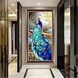 Moxiaa DIY 5D Diamant Malerei Vollbohrer Kit, Pfau 60x180cm Runder Diamond Painting Bilder Set Diamant Malen nach Zahlen Stickerei Kristall Strass Kreuzstich Handwerk Wohnzimmer Wanddek
