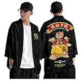 CHUIKUAJ Kimono Jacke Hosen Männer und Frauen/Cartoon Tiger Print 3/4 Ärmel Strickjacke Pluderhosen Set/Paar Casual Lose Große Größe Streetwear,Black-Larg