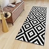 TAPISO MAROKO Läufer Teppich Brücke Flur Modern Geometrisch Marokkanisch Karo Diamant Muster Schwarz Creme ÖKOTEX 60 x 100