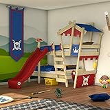 WICKEY Etagenbett CrAzY Castle Doppel-Kinderbett 90x200 Hochbett mit Rutsche, Treppe, Dach und Lattenboden, rot-blau + rote R