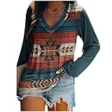 Neoucdy Damen-Top, Übergröße, Langarmshirts für Damen, V-Ausschnitt, Vintage-Grafik, Farbblock-Tops, T-Shirts, sexy Tunika-Tops, marineblau, S