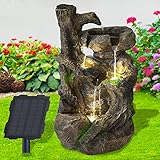 Solar Gartenbrunnen Brunnen Solarbrunnen Zierbrunnen BAUMWURZEL & Stein-Kaskade mit LED-Licht, Wasserfall Gartenleuchte Teichpumpe für Terrasse, Balkon, mit Pumpen, mit Liion-Akk
