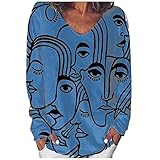 Meilily Langarmshirt Damen Abstrakt Drucken Sweatshirts Pullover Herbst Winter Shirt V-Ausschnitt Pullis Mode Drucken Vintage Streetwear Oversized Sweatshirt Tops Sportbekleidung