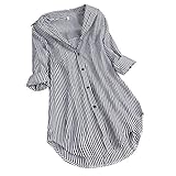 KINGC Gestreifte Bluse Damen Verstellbare Ärmel Shirts aus Baumwolle V-Ausschnitt Oberteile Freizeit Tunika für Mollige Arbeitsbluse 46 Lässige Lose Tshirts Long Shirts Damen Herbst (Black, M)