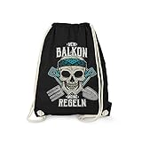 Fashionalarm Turnbeutel - Mein Balkon - Meine Regeln | Fun Rucksack mit Totenkopf Motiv & lustigem Spruch Urlaub Balkonien TER­ras­se Grillen, Schwarz One S