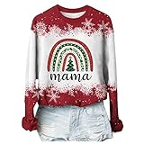 Primevip Damen Weihnachts-Sweatshirt Neuheit Bedruckt Langarm Rollkragen Lässiger Rundhals Pullover Loses Bequemes Top(Wein,M)