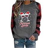 Weihnachten Sweatshirt Printed Sweater Damen T-Shirt Top Casual Karierte Naht Langarm O-Ausschnitt Herbst W
