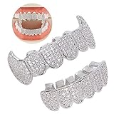 Hip Hop Grillz Zähne, Zähne Grillz für Männer Frauen Iced Out Hip Hop Poker Diamant Top & Bottom, Bling Grillz Zähne Dekoration für Mund oben unten Hip Hop Zähne Grills(Silber)