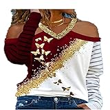 ZYUD Langarmshirt Schulterfrei Oberteil Damen Christmas Sweater Pullover Sexy Cold Shoulder Pullover Damen Tshirt Damen Langarm Pulli Hemd Damen Bluse Kalte Schulter Basic Shirt Langarm t-S