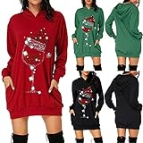 Weihnachtskleid Damen Rot 3D Gedruckt Weinglas Weihnachtspullover Pulli Kleid Weihnachts Pulli Weinachtspullies Weihnachtsoutfit Longpullover Festliche Geschenk Für F