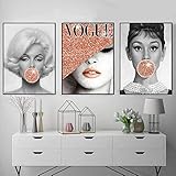 Crazystore Kunstplakat 3x60x80cm ohne Rahmen Berühmter Stern Audrey Hepburn Kaugummi Vogue Fashion Lady mit Hut Wandkunst Poster Moderne Wandbilder Dek