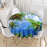 Hiseng Runde Bedruckte Tischdecke, 3D Kreative Kokospalme Druck Wasserdicht Antifouling Abwaschbar Polyester Tischtuch, Outdoor Garten Küche Multifunktionale Tischdecke (Blauer Himmel,100cm)