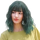 Maeau - Kurze Grüne Perücke Damen Natürliche lockige Perücken mit Pony Perücken Hitzebeständige Kunstfaser Realistisch Aussehende Perücken Geeignet für Tägliche Reisen Cosplay Weihnachtsfeiern usw