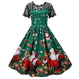 TTWOMEN Weihnachten Damen Kurzarm Spitze Plus Größe A-Linie Kleid Xmas Print Abendkleid Cocktailparty Abendk