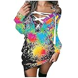 Briskorry Schulter Sweatkleid Damen Langarm Hoodie ohne Kapuze Pulloverkleid Damen Kleider Knielang ​Pulli Vintage Sexy V-Ausschnitt Longpullover Herbst Kurz Kleid Sweatshirtkleid Oberteil Top