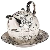 DRULINE Tea for one Teekännchen Kanne Teekanne mit Tasse und Untersetzer Rosen Blumen Teekannen & Kaffekannen Kaffeeservice Geschenk Serie Sweet Time, Teeservice Teebereiter Teeset 4 teilig Set Saucer Set Shaby Chic Flora feinem Collection Porzellan Keramik 450ml Weiß Silb