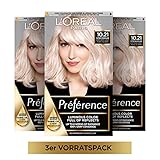 L'Oréal Paris Permanente Haarfarbe, Haarfärbeset mit Coloration und Farbglanz-Pflegebalsam, Préférence, 10.21 Platin Perlmuttblond (Stockholm), 3er S