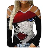 Langarmshirts Damen Elegant Blusen Shirt Motiv Glitzer Langarmshirt Casual Mode Sweatshirt Pulli V-Ausschnitt Heißes Bohren T Shirt Pailletten Schulterfreie Sling S