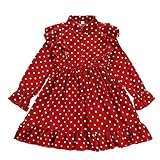 STOREYH Little Kid Rerto Tupfendruck Kleid Elegant Falten Revers Lang Flare Sleeve Rüsche A-Line Kleider Baby Mädchen Freizeit Loose Wellenförm Rocksaum Wickel Tunika Blusenkleid Partyk