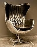 Casa Padrino Art Deco Lounge Chair Drehstuhl Sessel Aluminium/Echt Leder Schwarz Ei-Form - Club Sessel - Lounge Sessel - Vintage Airplane Möb