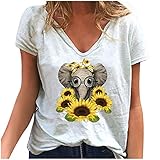 T Shirt Damen Kurzarm Oberteile Sommer Elefant Sonnenblume Drucken locker Tunika Tops Tee Oversize Elegant Rundhals Basic Pullover Blusenshirt Hemd Bluse für Frauen Teenager Mädchen große größ