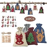 Adventskalender zum Befüllen, Jutesack 24 Weihnachtskalender Stoffsäckchen (4 Farben) + 24 Filzaufkleber (mit Aushöhlen Zahlen), DIY Kinder Adventskalender Säckchen Jutesack Selber Basteln Fü