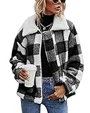 FeMereina Damen-Plüsch-Jacke, kariert, schmale Passform, Reißverschluss, Kontrastfarbe, lange Ärmel, Oberbekleidung mit Taschen, Freizeitkleidung, Schwarz , 38