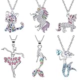 Tacobear 6 Stück Ketten Set für Mädchen Einhorn Halskette Meerjungfrau Ballerina Katze Halskette Strass Kristall Anhänger Halskette Schmuck Geschenk mit Box für Kinder Mädchen D