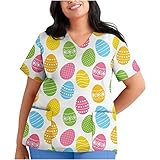 Women Easter Scrub_ Top Oversize Sunflower Print Short Sleeve V Neck Medical_ Scrub_ Shirt Working Uniform with Pocket(White,XXXXL)