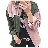 AFFGEQA Damen Cord Strickjacke mit Knöpfen Langarm Revers Lose Spleißen Hemdjacke Atmungsaktiv Faltbar Lang Mäntel Große Größen Leichte Cordmantel Outdoorjack