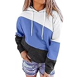 Lazzboy Kapuzenpullover Damen Patchwork Print Langarm Kapuzen Hoodie Sweatshirt Bluse Spleißen Pullover Stehkragen Farbblock Langarmshirt Oberteile Für Herbst Winter S-2XL ( Blau,M )