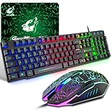 Gaming Tastatur Und Maus Set, QWERTZ German Layout Regenbogen LED Hintergrundbeleuchtung Ergonomische Keyboard 6 Tasten 2400 DPI Maus und Mauspad, USB Verkabelt, Kompatibel mit PS4 Xbox, Schw