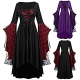 YEBIRAL Damen Langarm Mesh Mittelalter Kleid Bodenlangen Maxikleid Große Größen Renaissance Cosplay Dress Party Kostüm Lang Halloween Kostüm (Y- Schwarz, 5XL)